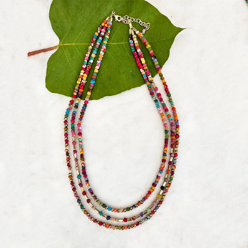 Simple Silver Necklace-Recycled Sari Mini Bead Necklace, India