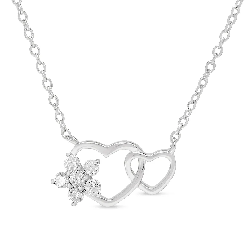 Elegant Wedding Jewelry Necklace-CZ Flower and Double Heart Necklace in Sterling Silver