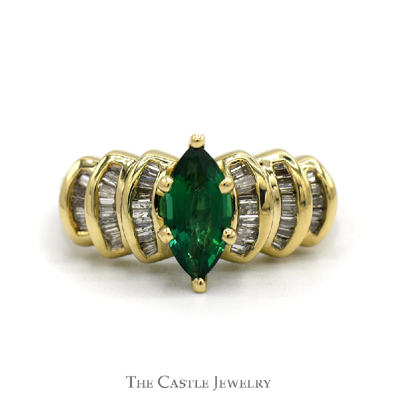 Elegant Silver Ring for Women-Marquise Cut Emerald Ring with Baguette Cut Diamond Accents in 10k Yellow Gold