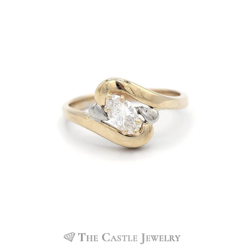 Gorgeous Wedding Band with Diamonds-1/2CT Bypass Marquise Diamond Solitaire Engagement Ring in 14KT Yellow Gold