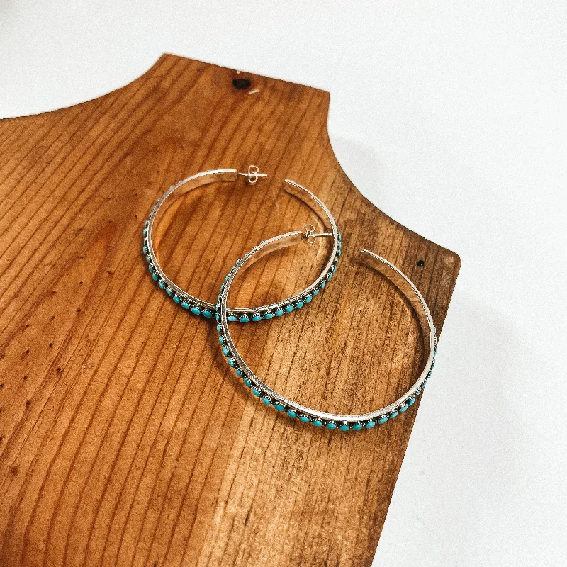 Round Hoop Earrings-Lois Tzuni | Navajo Handmade Sterling Silver and Turquoise Stone Hoop Earrings