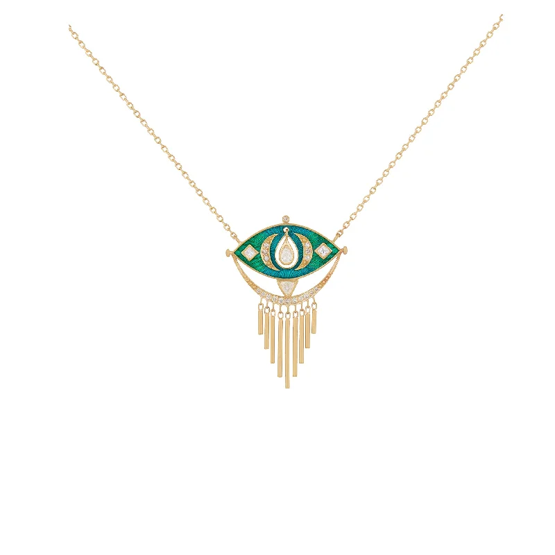 Classic Pearl Necklace-Blue Green Enamel Eye Necklace