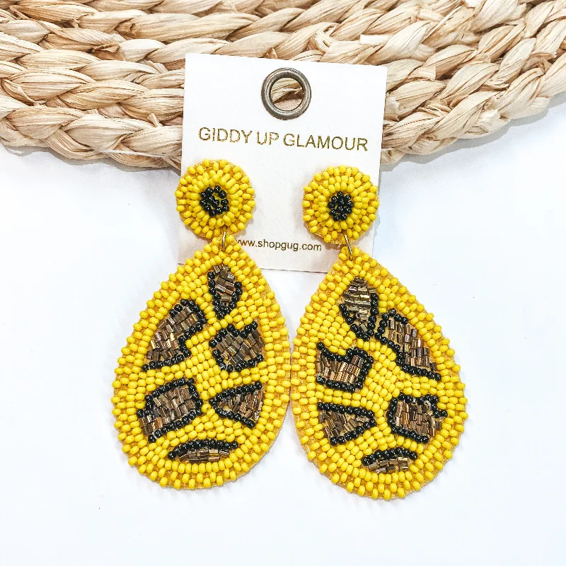 Elegant Gemstone Stud Earrings-Beaded Leopard Print Teardrop Earrings in Yellow