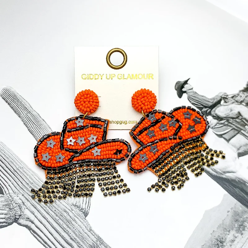 Luxury Drop Earrings-Gameday Beaded Cowboy Hat Earrings with Black Crystal Fringe in Orange and Black