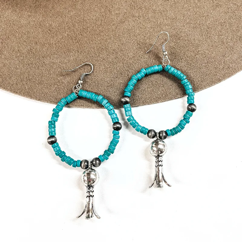 Fashionable Stud Earrings-Downtown Show Beaded Hoop Earrings with Faux Squash Blossom Drop in Turquoise and Silver Tone