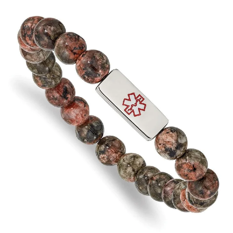 Men’s Personalized Bracelet-Stainless Steel Polished Enamel Medical ID Poppy Jasper Stretch Bracelet