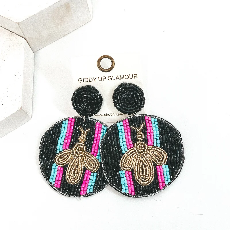 Geometric Earrings for Women-Bee Happy Circle Drop Beaded Earrings in Black