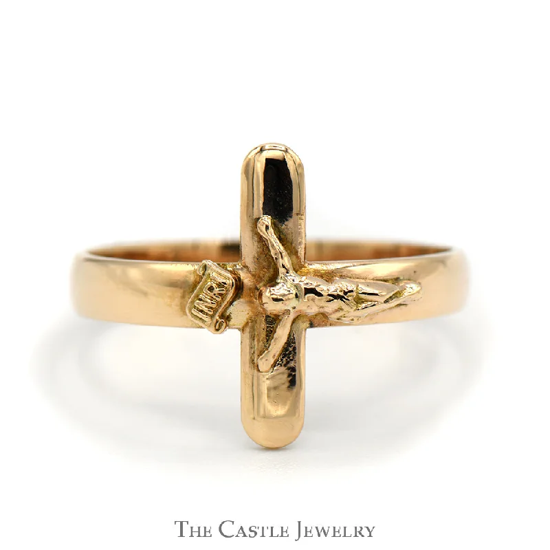 Custom Wedding Ring Set-Christ on The Cross Crucifix Ring in 10k Yellow Gold - Size 11