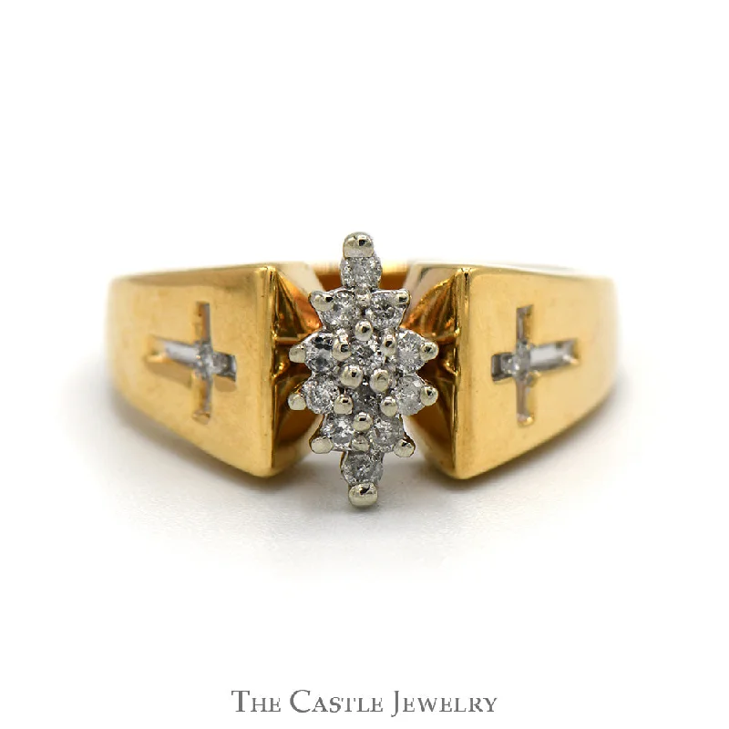 Silver Wedding Band with Diamonds-Marquise Shaped Diamond Cluster Ring with Cross Designed Sides in 10k Yellow Gold