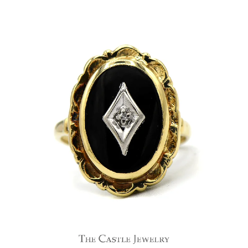 Birthstone Wedding Ring-Oval Black Onyx Shield Ring with Diamond Accent and Scalloped Bezel in 10k Yellow Gold