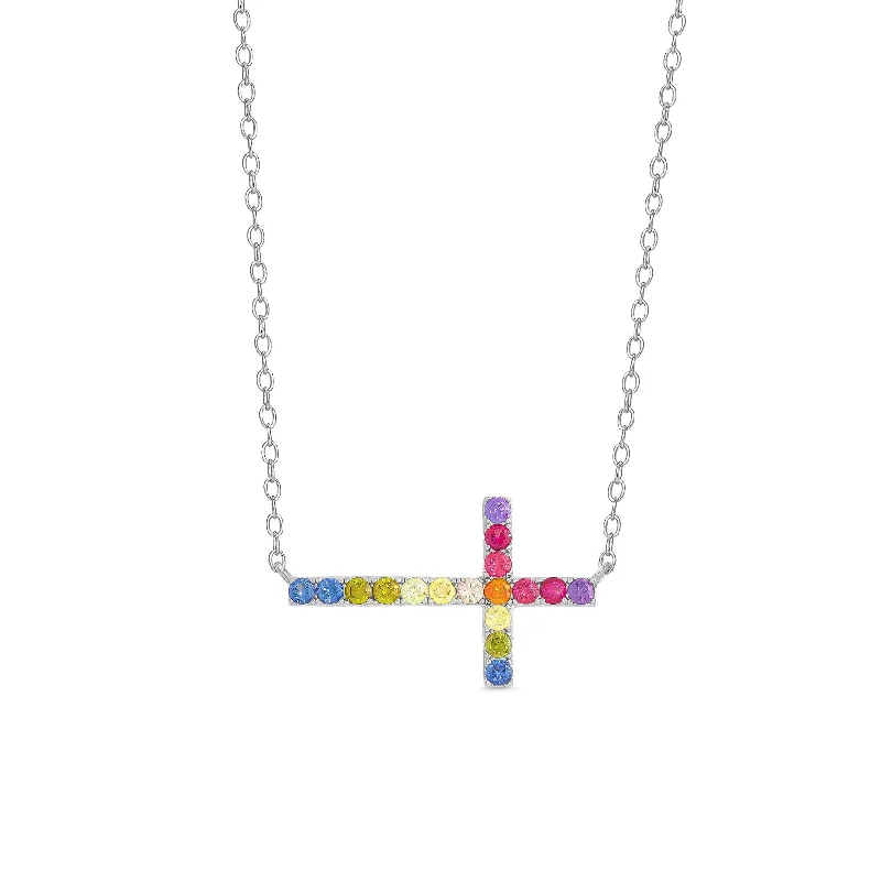 Custom Name Necklace-Rainbow CZ Sideways Cross Necklace