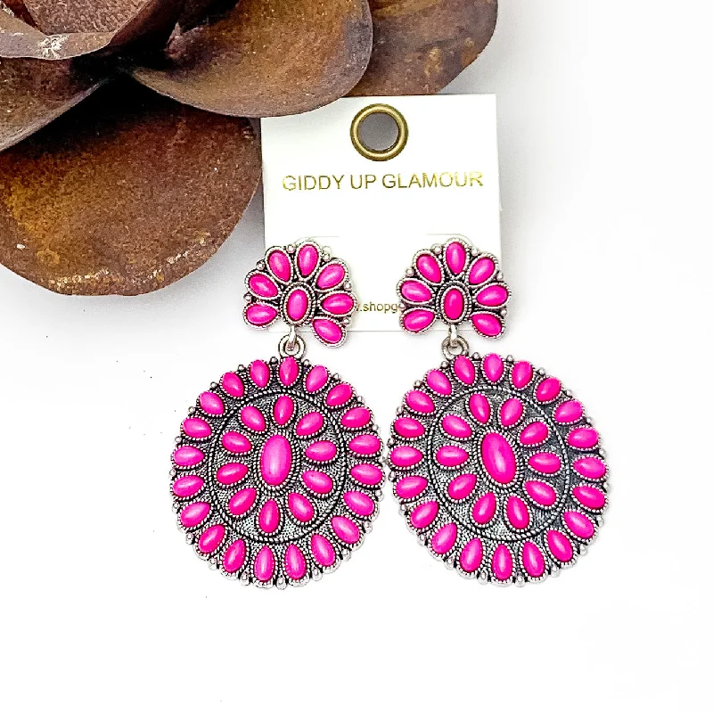 Pink Gemstone Earrings-Double Cluster Western Earrings in Fuchsia Pink