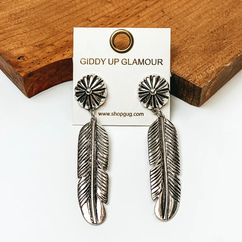 Designer Diamond Earrings-Concho Feather Drop Earrings in Silver