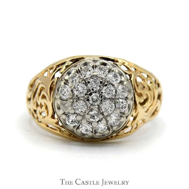 Classic Wedding Band with Diamonds-1cttw Kentucky Diamond Cluster Ring with Open Filigree Sides in 10k Yellow Gold