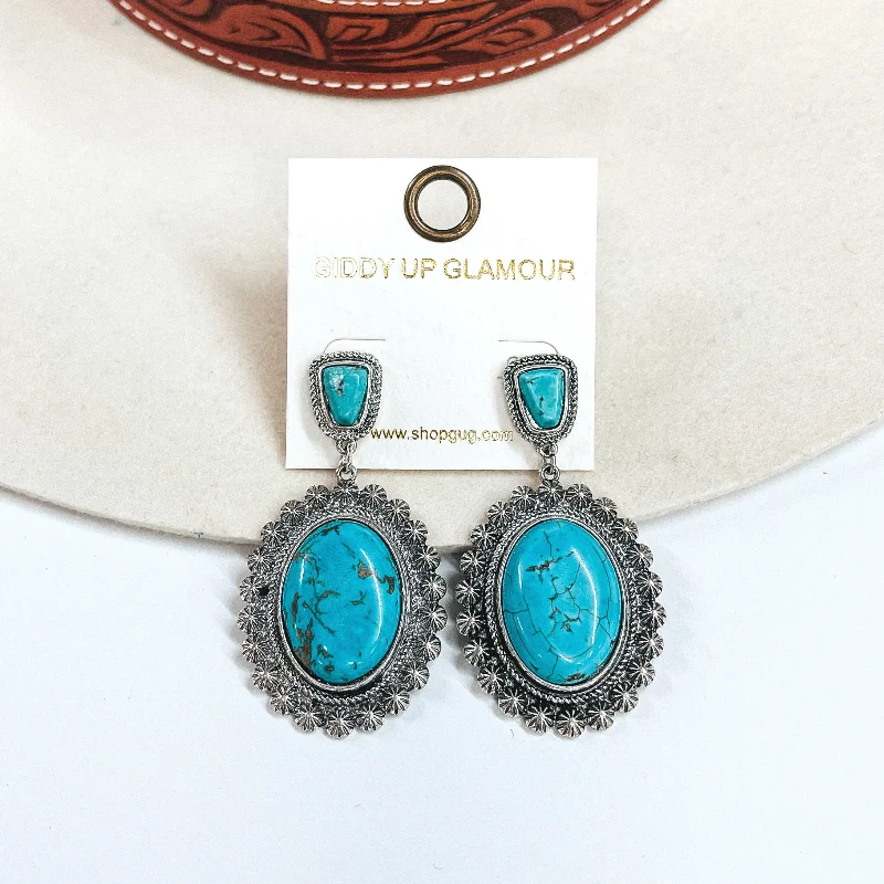 High-End Wedding Earrings-Well Loved Silver Western Post Earrings with Oval Stone Drop in Turquoise