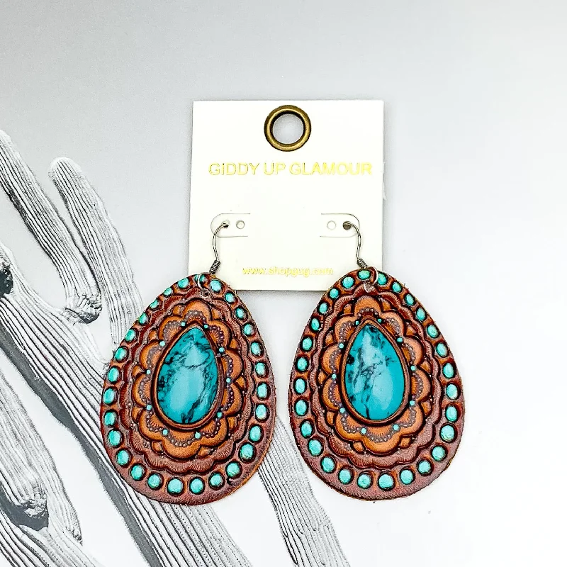 Hoop Earrings with Gemstones-Teardrop Faux Leather Tooled Earrings with Turquoise Blue Center