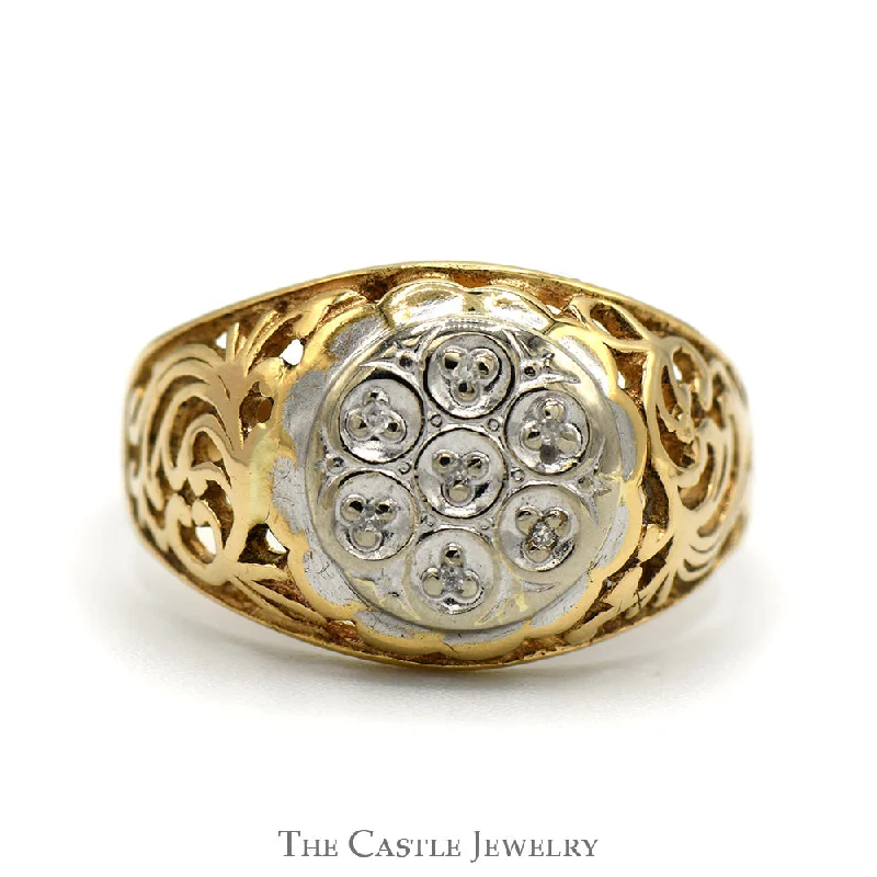 Classic Wedding Ring for Couples-7 Diamond Kentucky Cluster Ring with Open Filigree Sides in 10k Yellow Gold