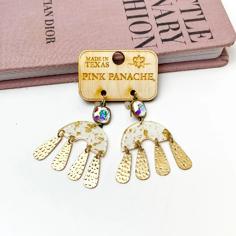 Modern Drop Earrings-Pink Panache | AB Cushion Cut Earrings with Acrylic and Metal Rainbow Drop in Gold Tone