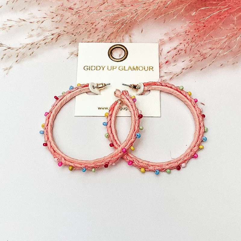 Party Earrings for Women-Summer Love Raffia Braided Hoop Earrings with Multicolor Beads in Light Pink