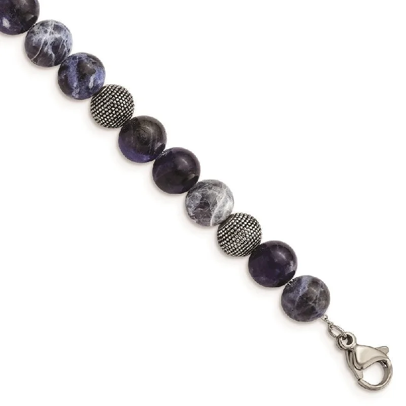 Simple Gemstone Bracelet for Women-Stainless Steel Antiqued & Polished Sodalite 7.5in w/1in ext Bracelet