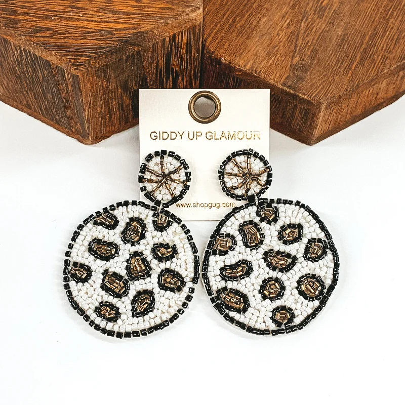 Trendy Silver Earrings-Leopard Print beaded Circle Drop Earrings in White