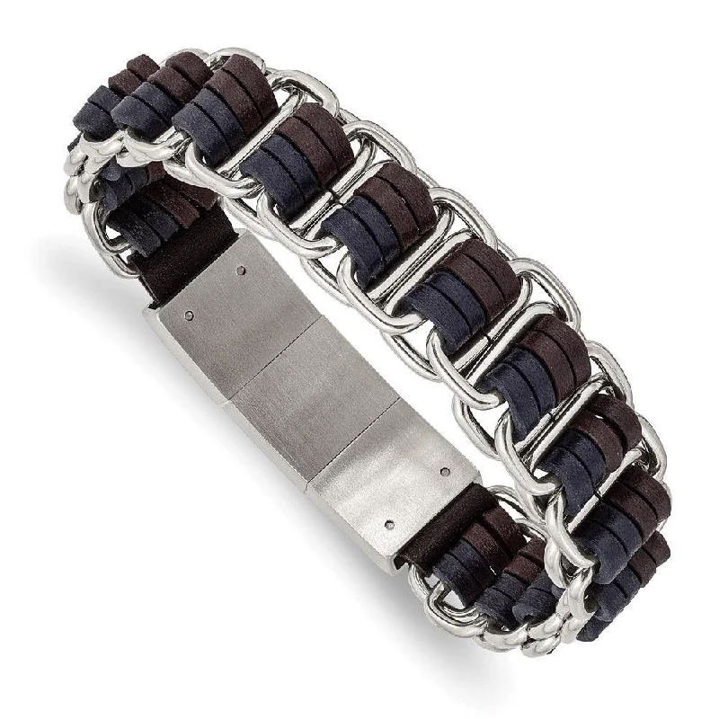 Fashionable Chain Bracelet-Stainless Steel Polished w/Blue and Brown Leather w/.5in ext 8in Bracelet