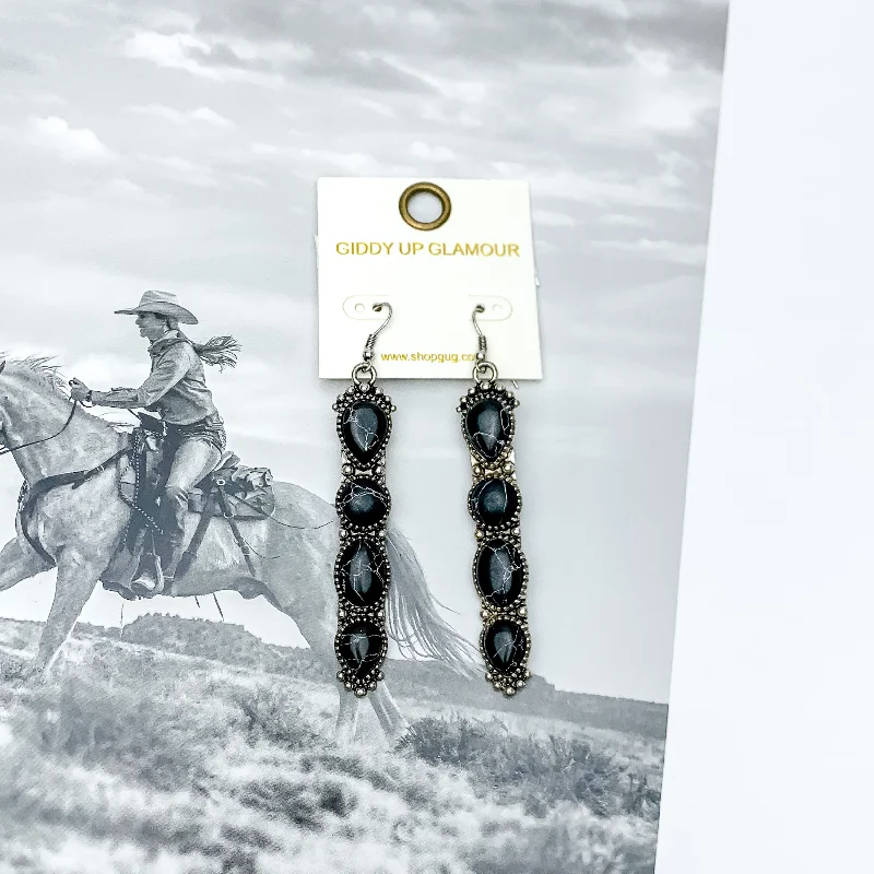 Round Diamond Earrings-Western Connection Silver Tone Earrings With Four Stones in Black