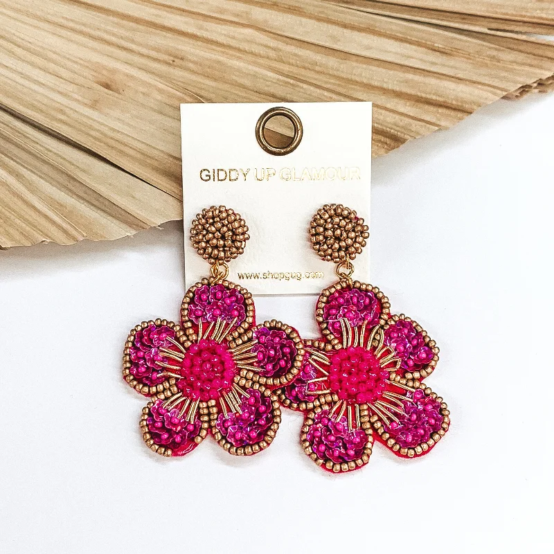 Nature Inspired Earrings-Beaded Flower Earrings in Fuchsia