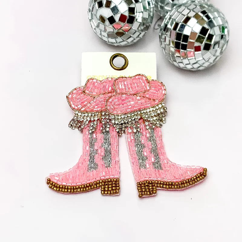 Black Diamond Earrings-Beaded Cowboy Hat and Boot Earrings with Clear Crystal Fringe in Pink