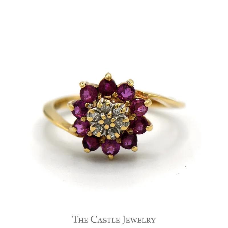 Rose Gold Engagement Ring-Ruby & Diamond Flower Cluster Ring in 10k Yellow Gold Bypass Setting