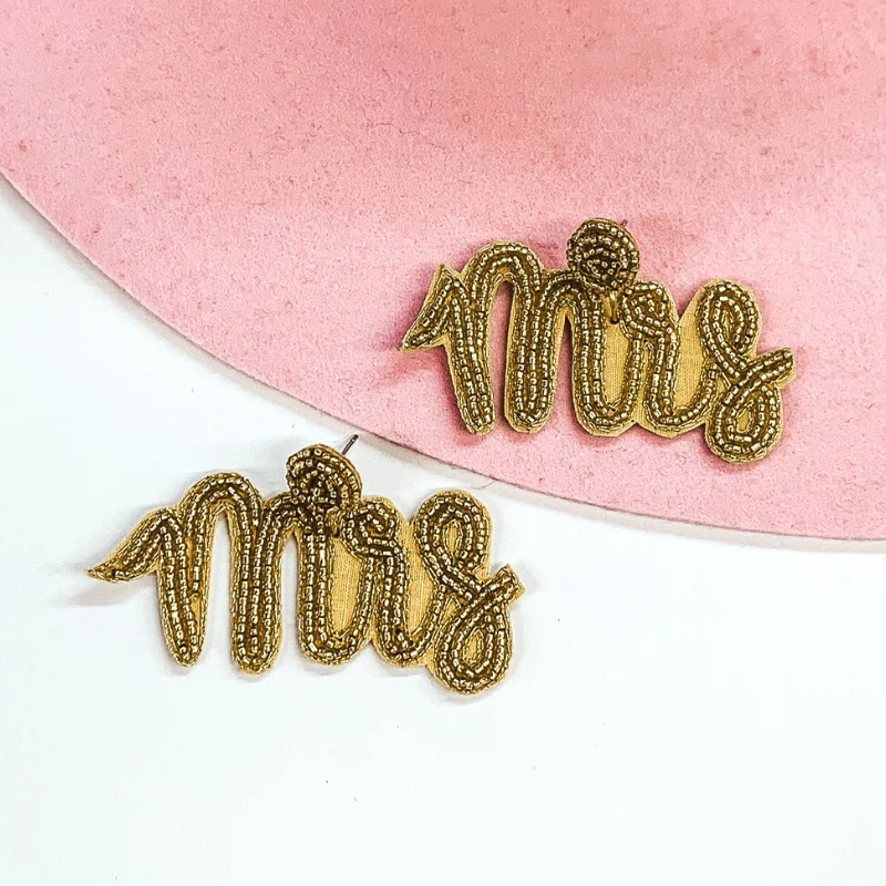 Unique Diamond Earrings-Wifey Status Beaded "Mrs" Earrings in Gold