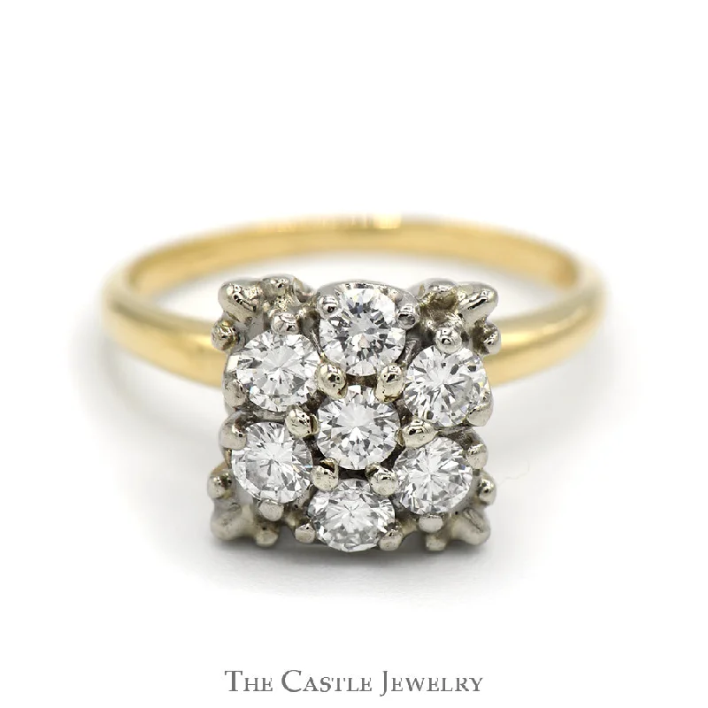 Simple Silver Ring-Square Shaped 7 Round Diamond Cluster Ring in 14k Yellow Gold