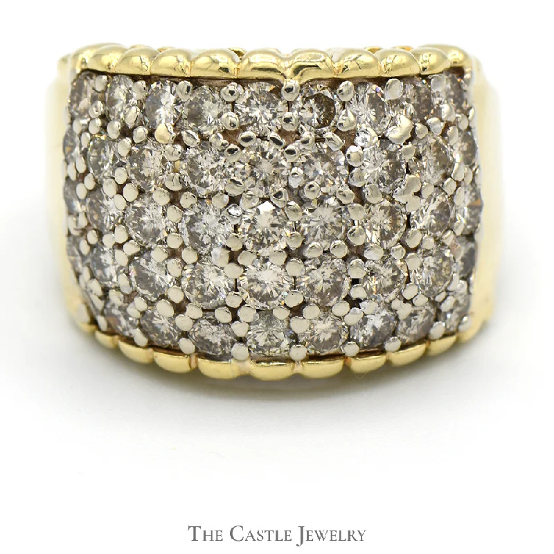 Platinum Wedding Band for Couples-5 Row Domed Diamond Cluster Ring with Scalloped Cathedral Mounting in 14k Yellow Gold