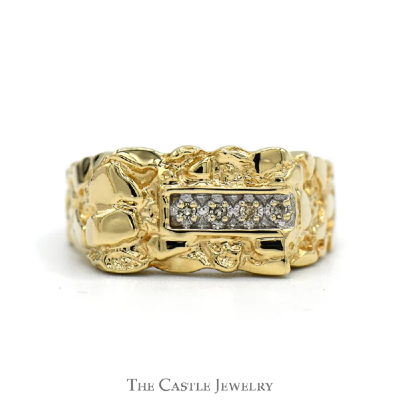 Classic Ring for Women-Nugget Style Men's Ring with Illusion Set Diamond Accents in 10k Yellow Gold