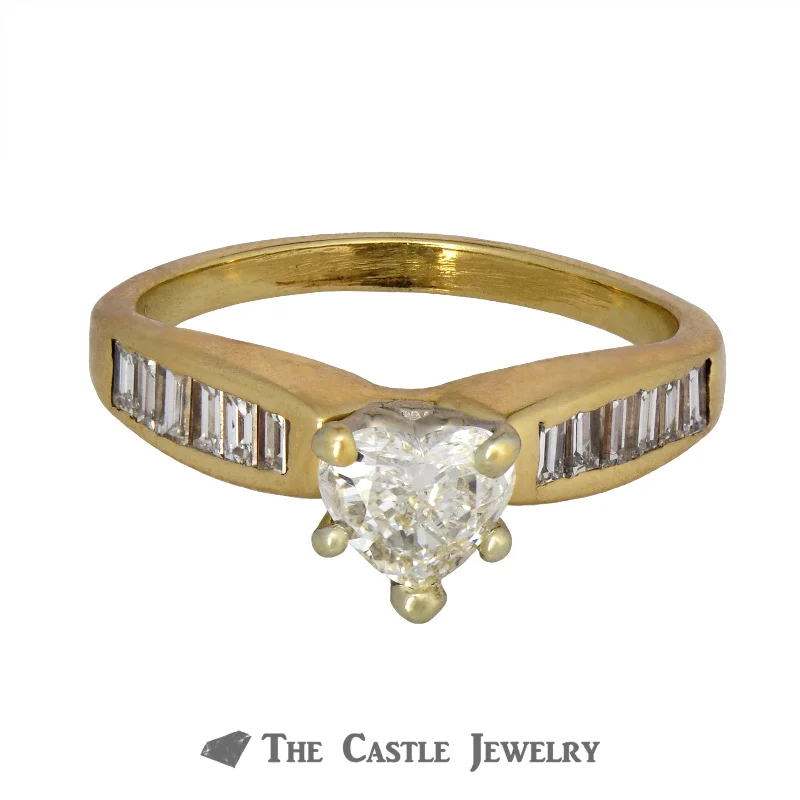 Stunning Wedding Ring Set for Women-Heart Shaped Diamond Engagement Ring with Baguette Mounting in 14K Yellow Gold