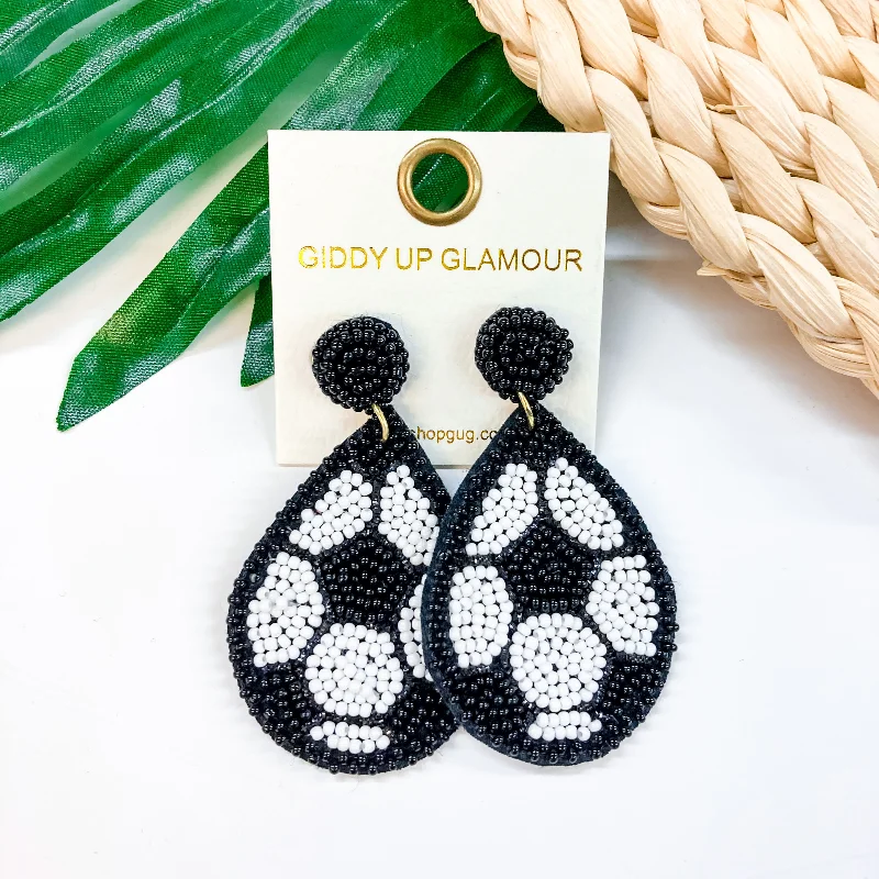 Handmade Silver Earrings-Seed Bead Teardrop Soccer Earrings