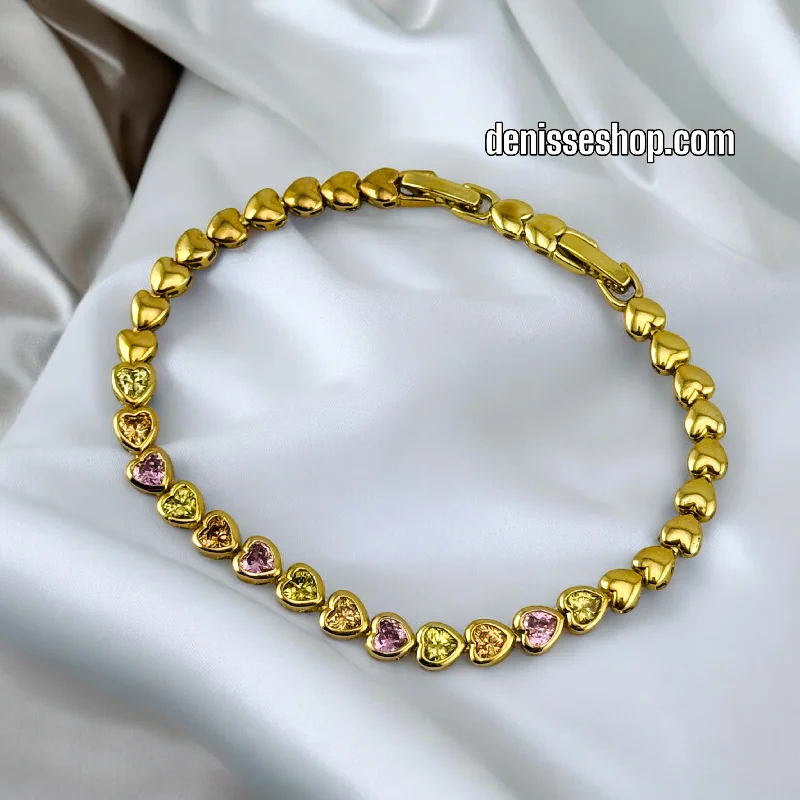 Simple Tennis Bracelet with Gems-14K MULTICOLOR HEARTS BRACELET  BR510