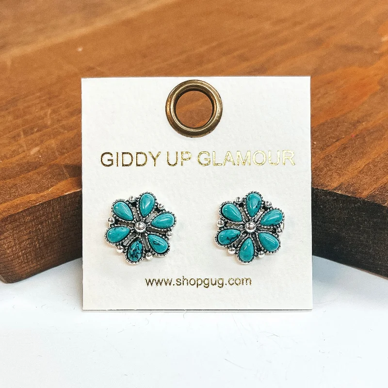 Moon Shaped Earrings-Flower Post Earrings with Faux Turquoise Stones in Silver Tone