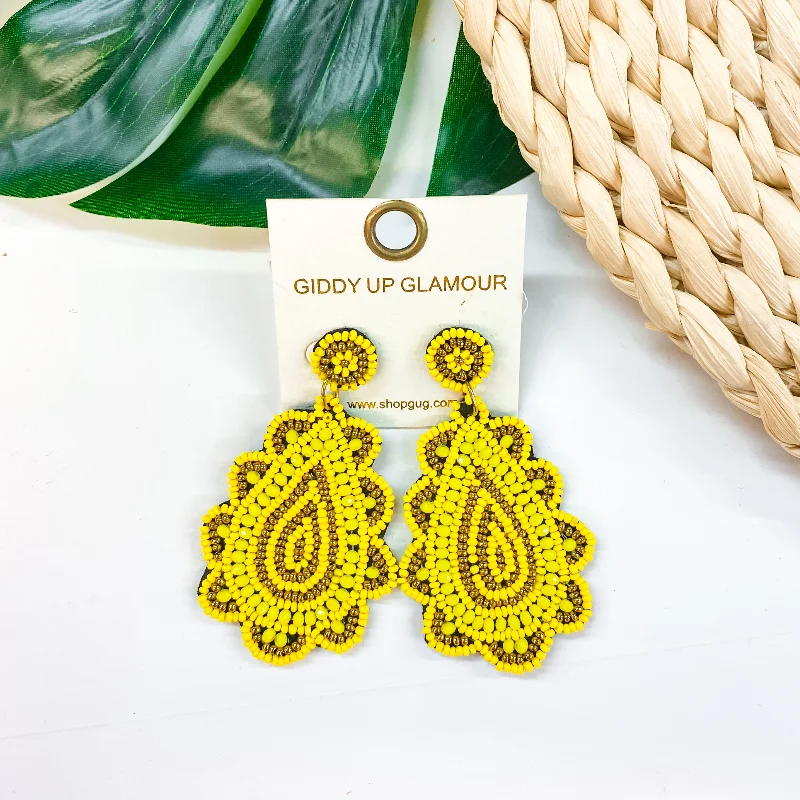 Trendy Earrings for Bridesmaids-Light Up The Night Seed Bead Teardrop Earrings in Yellow