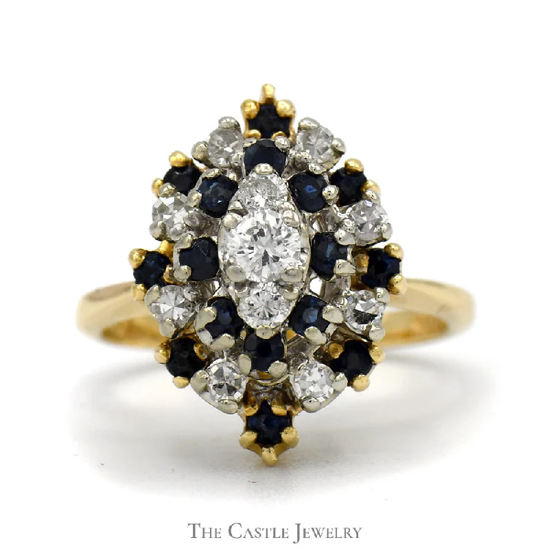 Modern Engagement Ring-Marquise Shaped Sapphire & Diamond Cluster Ring in 14k Yellow Gold