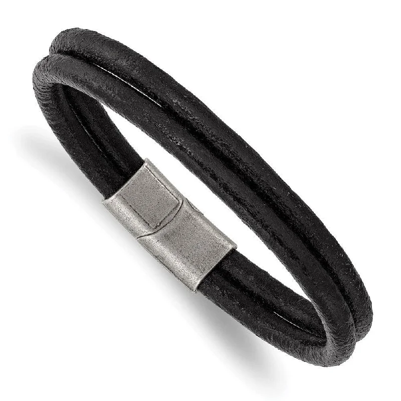 Gold Bangle Bracelet-Stainless Steel Antiqued Black Leather 2-Strand 8.25in Bracelet