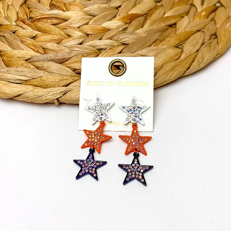 Wedding Earrings with Diamonds-Star Shaped Three Tier Earrings With Clear Crystals in White, Orange, and Navy