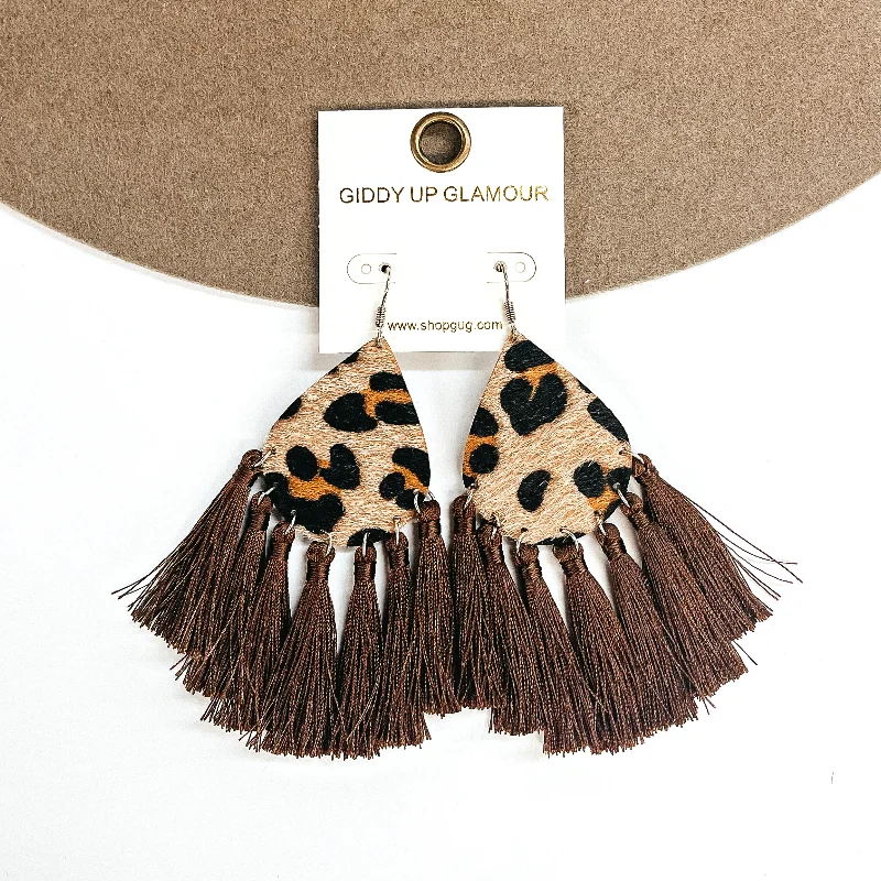 Elegant Drop Earrings-Leopard Teardrop Earrings with Tassel Trim in Brown