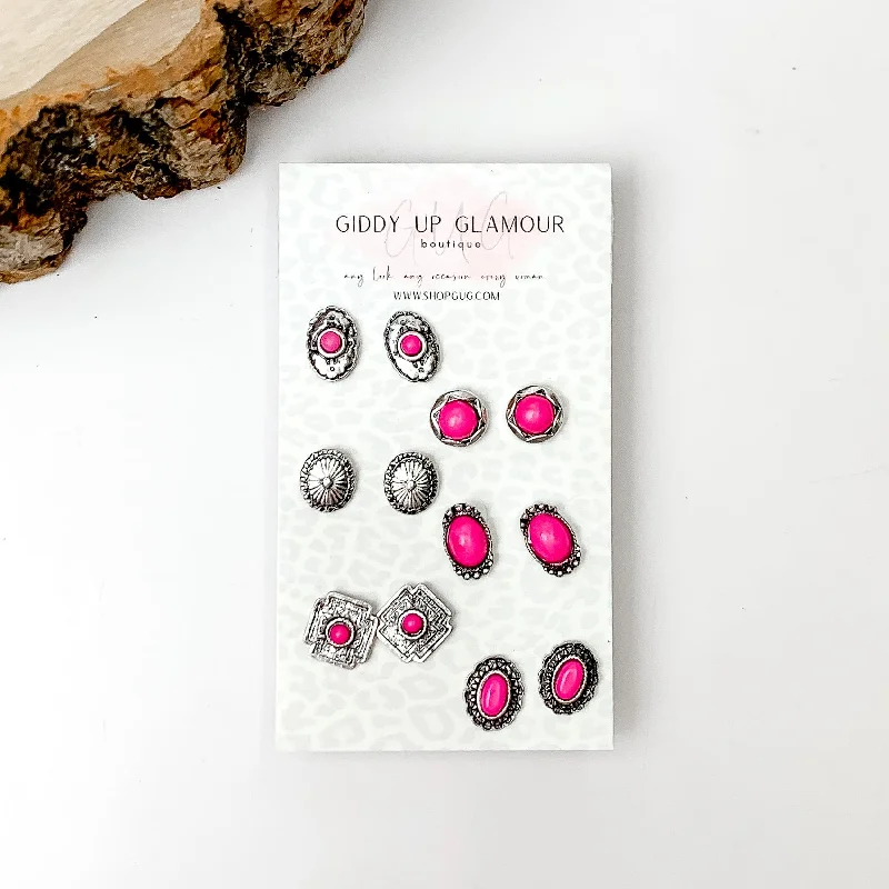 Classic Stud Earrings-Set Of Six | Western Small Fuchsia Pink Stones and Silver Tone Stud Earrings