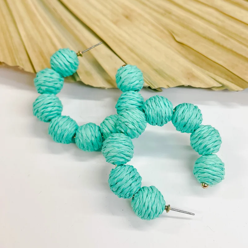 Wedding Earrings with Ruby-Raffia Ball Hoop Earrings in Turquoise