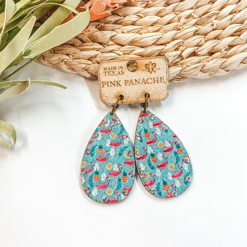 Sparkling Gold Earrings-Pink Panache | Wooden Teardrop Earrings With Flamingo's, Fruits, and AB Crystals in Turquoise