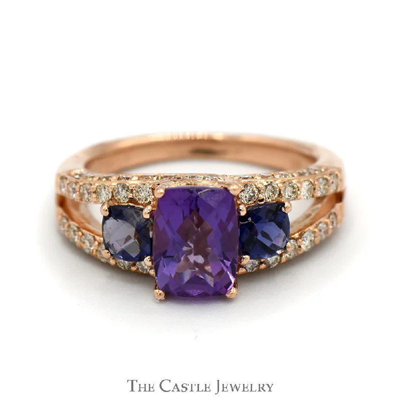 Trendy Wedding Band Set-Cushion Cut Amethyst Ring with Tanzanite & Diamond Accents in 14k Rose Gold