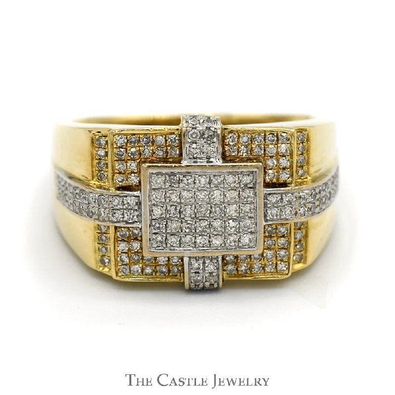 Platinum Diamond Ring-Men's 1/4cttw Square Shaped Pave Set Diamond Cluster Ring in 10k Two Tone Gold