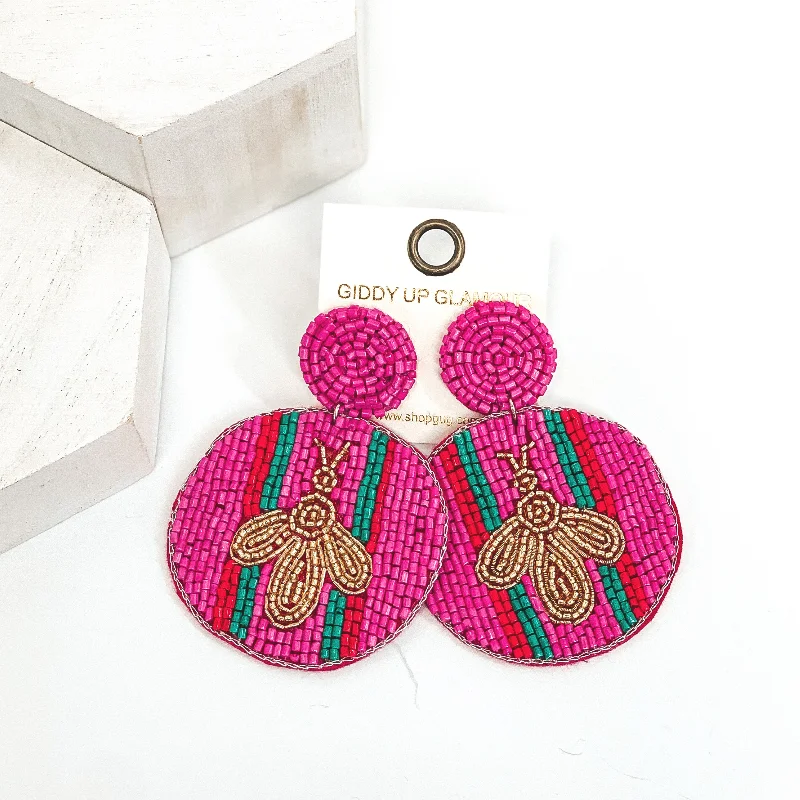 Gold Plated Earrings-Bee Happy Circle Drop Beaded Earrings in Fuchsia