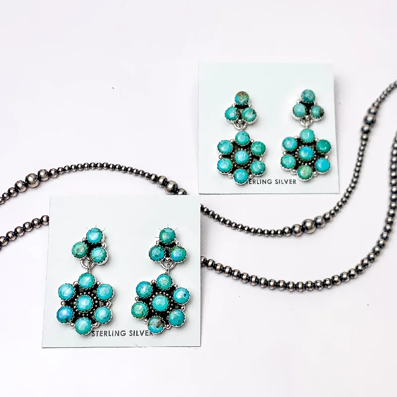 Elegant Gemstone Earrings-Hada Collection | Handmade Sterling Silver Cluster Drop Earrings with Kingman Turquoise Stones